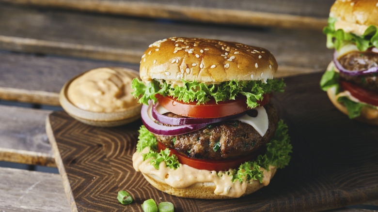 homemade burger with Thousand Island dressing