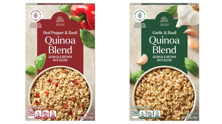 ALDI Quinoa & Brown Rice Blends product images. On the left is red pepper & basil, on the right is garlic & basil.