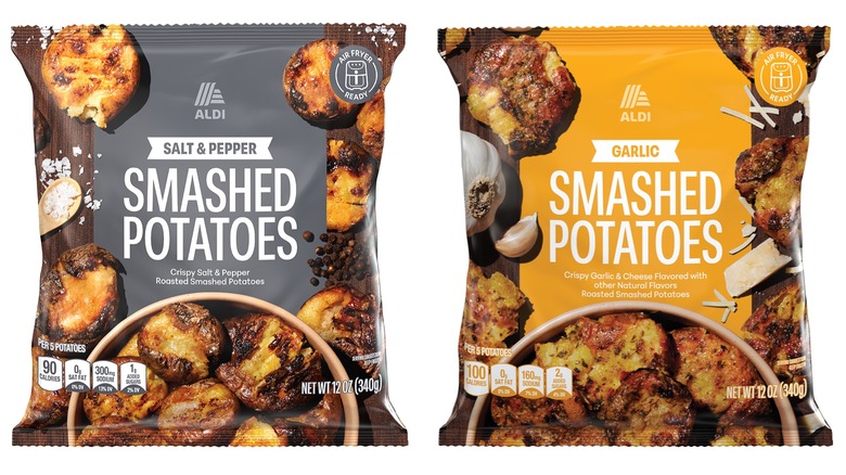 Two bags of smashed potatoes. Salt & pepper flavor on the left and garlic on the right.