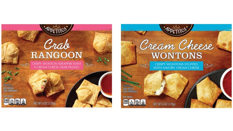 Two boxes of Appetitos wontons. On the left is the crab rangoon flavor, on the right is cream cheese.