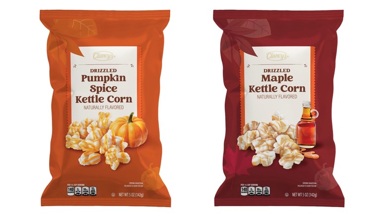 Two different flavored bags of Clancy Drizzled Kettle Corn. Pumpkin spice on the left and maple on the right.