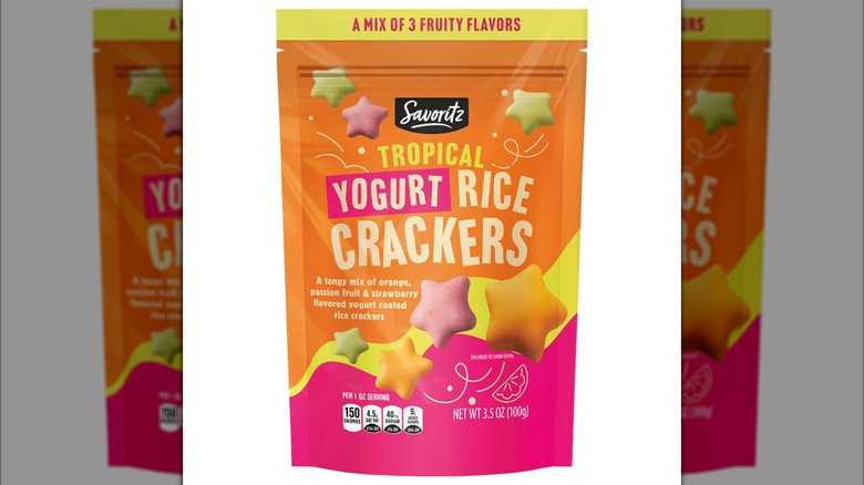A resealable package of Savoritz Tropical Yogurt Rice Crackers