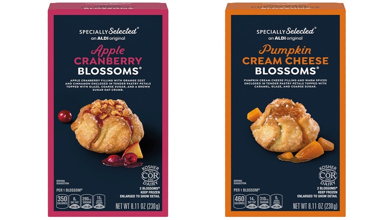 Two boxes of blossoms. Apple cranberry on the left and pumpkin cream cheese on the right.