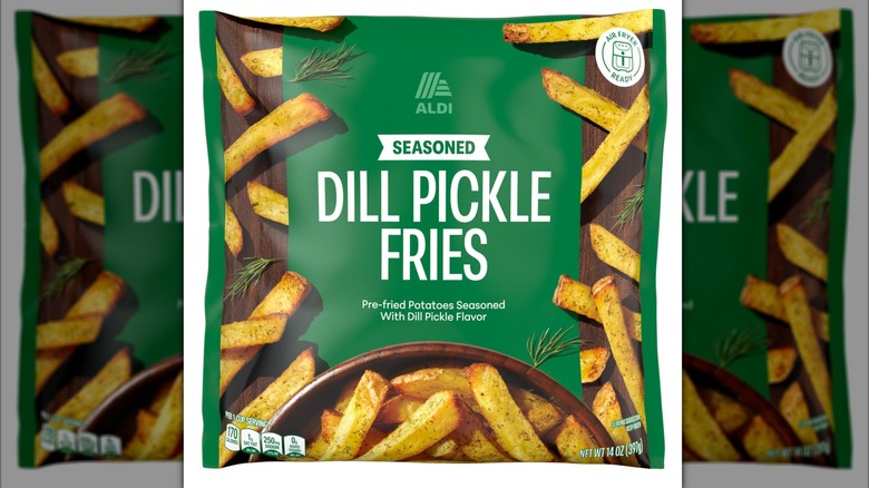 Bag of ALDI Seasoned Dill Pickle French Fries against a white background
