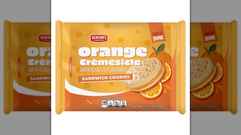 Package of Benton's Orange Cremesicle Sandwich Cookies against a white background