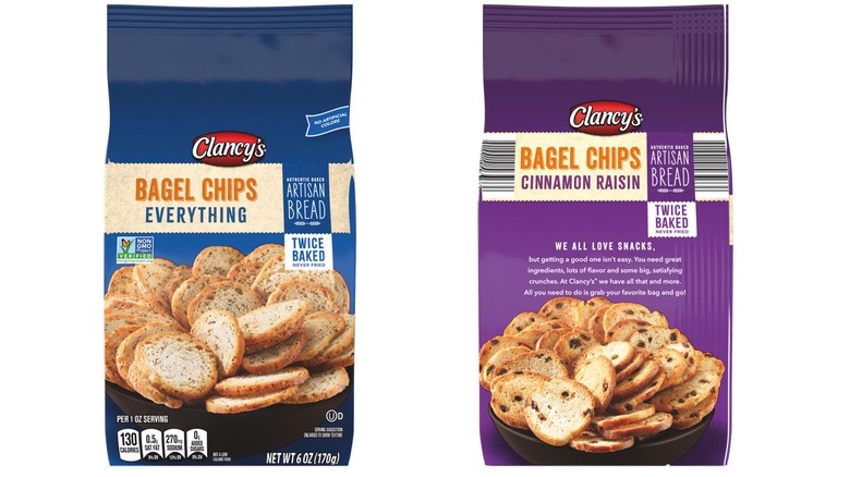 Bags of Clancy's Bagel Chips against a white background
