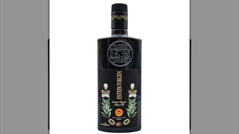 Bottle of Estepa Virgen EVOO against a white background