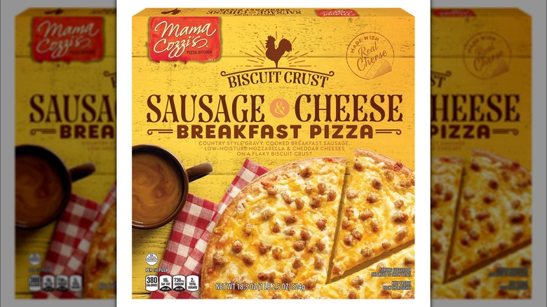 Box of Mama Cozzi's Biscuit Crust Breakfast Pizza against a white background