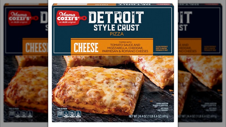 Box of Mama Cozzi's Detroit Style Crust Pizza against a white background