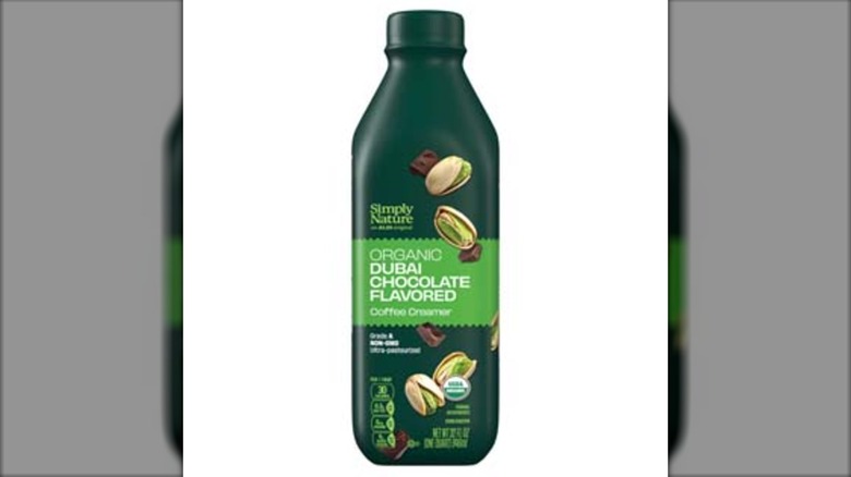 Bottle of Simply Nature Organic Dubai Chocolate Flavored Creamer against a white background