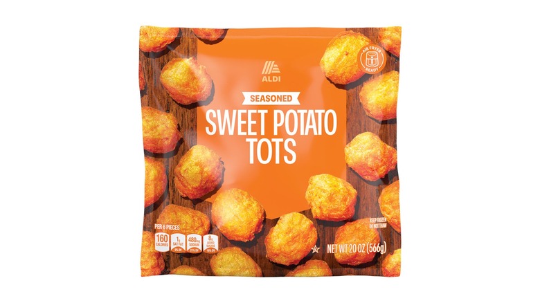 An orange bag that says, "Seasoned Sweet Potato Tots," and is designed with the image of the product.