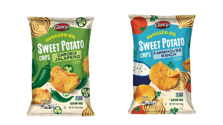 Two bags of Avocado oil potato chips. On the left is garden jalapeño flavored and on the right is farmhouse ranch.