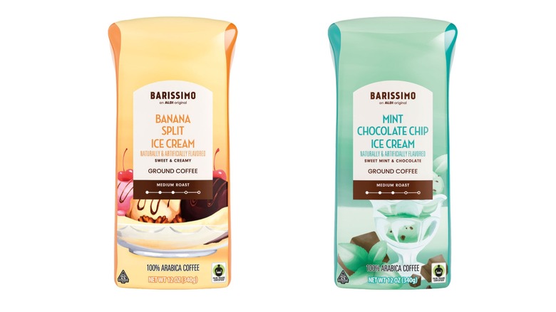Two bags of Barissimo Ice Cream Ground Coffee side by side. On the left is the banana split ice cream flavor, while the other one is mint chocolate chip.