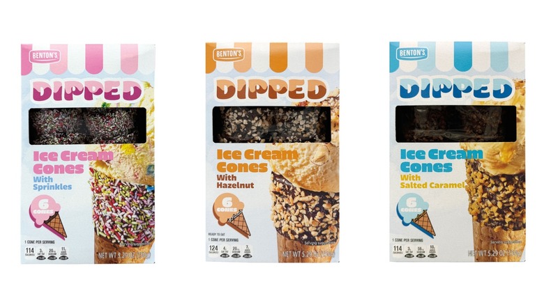 Three different kinds of Benton's Dipped Ice Cream Cones. From left to right, there's one with sprinkles, one with hazelnut, and one with salted caramel.