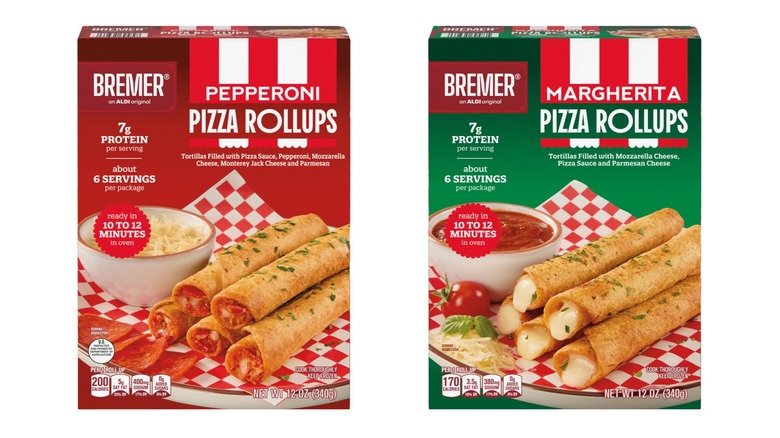 Two boxes of Bremer Pizza Roll Ups. The red box on the left is pepperoni flavored, and the green box on the right is margherita.
