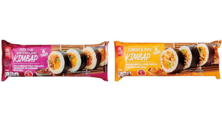 Two pre-packaged kimbap; spicy tuna with gochujang on the left and kimchi & tofu on the right.