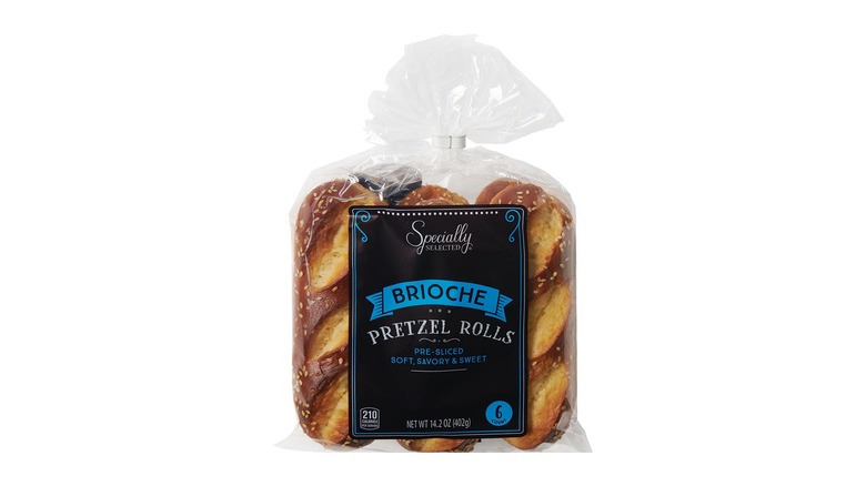 Pretzel rolls in a transparent bag tied up to remain fresh.