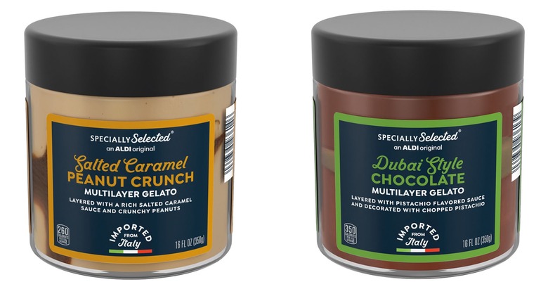 Two bottles of Specially Selected Multilayer Gelato. On the left is salted caramel peanut crunch, while Dubai-style chocolate is on the right.