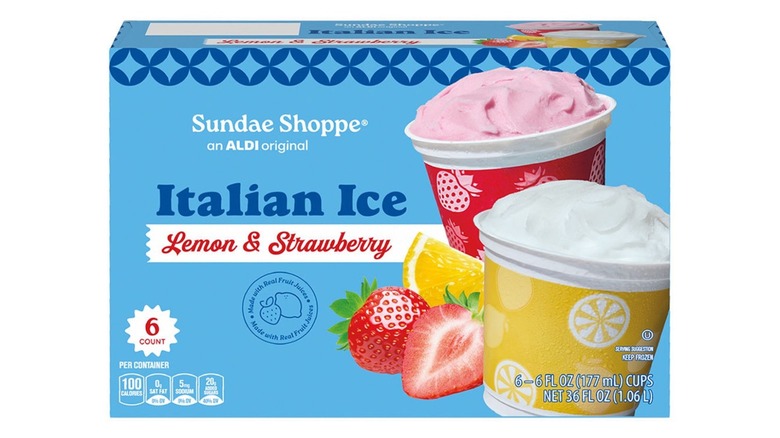 A blue box that says "Italian Ice," featuring the flavor of lemon & strawberry.