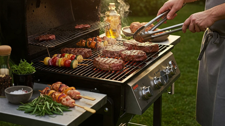 Person grilling steaks and kebabs on a gas grill