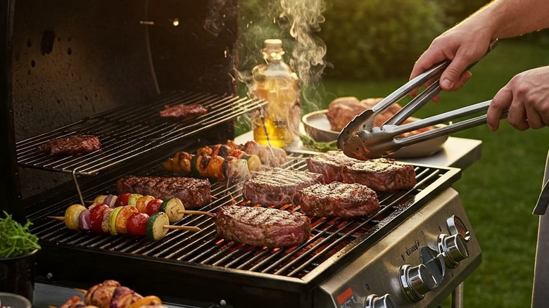 Person grilling steaks and kebabs on a gas grill