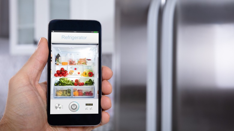 A smartphone in a user's hand clearly displays the contents of a smart fridge.