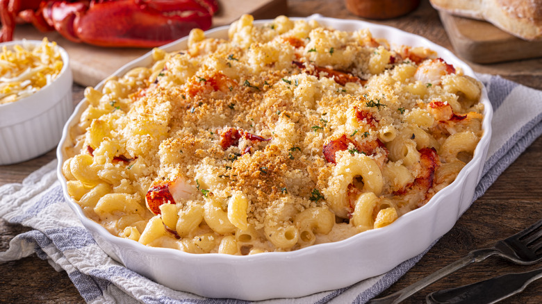 Lobster macaroni and cheese in a dish