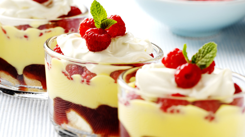 Custard pudding with raspberries, whipped cream, and mint.