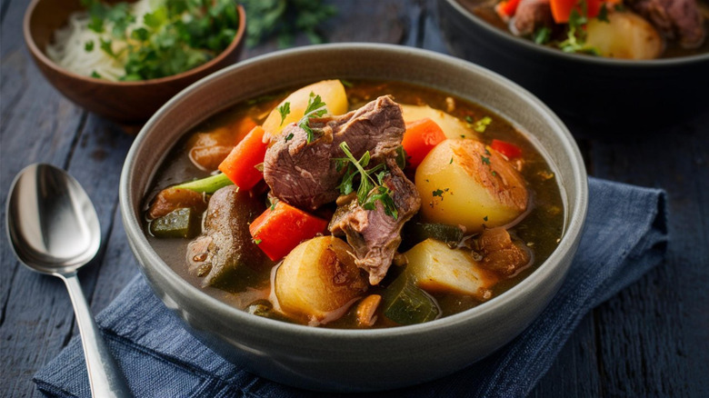 a bowl of Irish stew with lamb and root vegetables