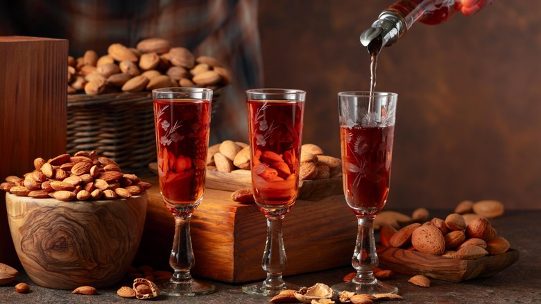 Glasses of amaretto liqueur with almonds