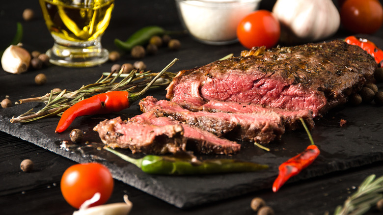 Rare steak with peppers