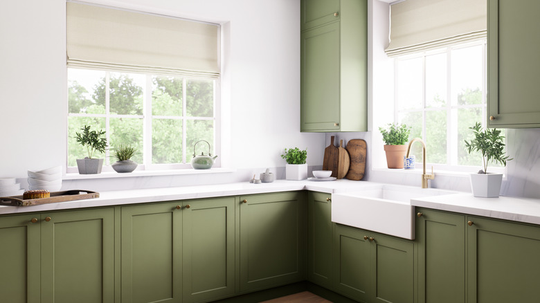 A homey modern kitchen embellished with sage green cabinets