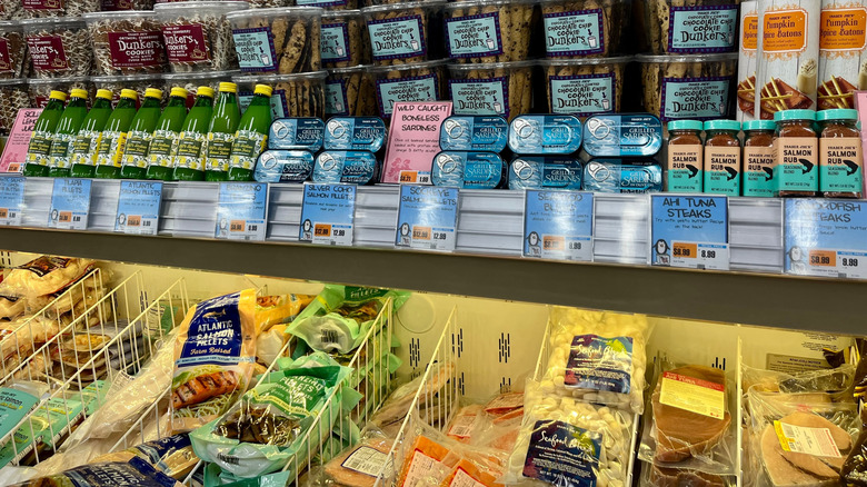 A close up of frozen food in an aisle at Trader Joe's