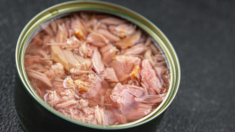 An open can of tuna seen from above.