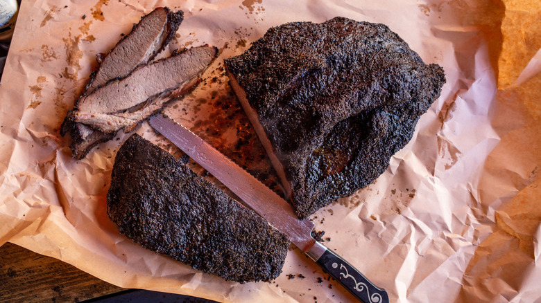 Smoked brisket on a sheet of butcher paper