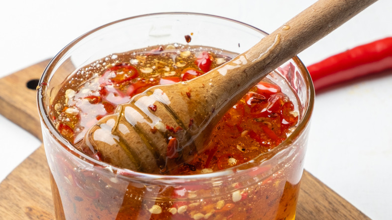 Close-up of hot honey jar