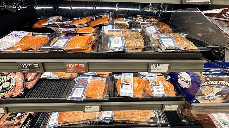 Salmon on store shelves at Aldi.