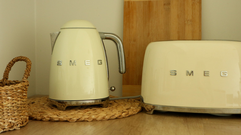 Retro-inspired kitchen appliances on a countertop