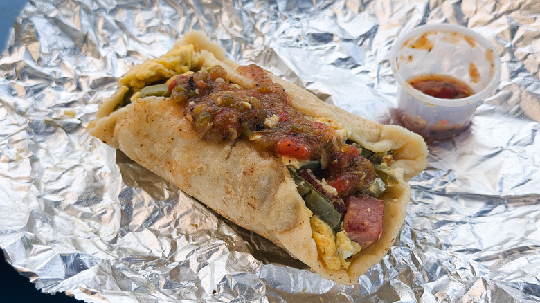 Breakfast taco with salsa from Granny's Tacos.