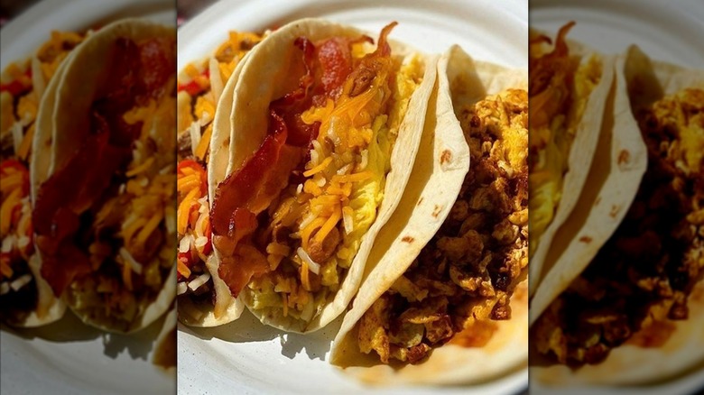 Three breakfast tacos from Mi Madre's Restaurant on a plate.