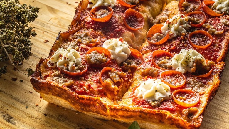 A Detroit-style pizza at Blue Pan Pizza