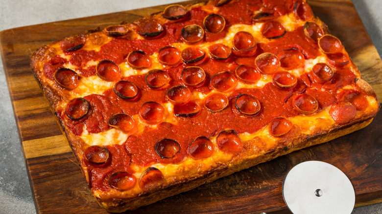 A Detroit-style pizza on a table