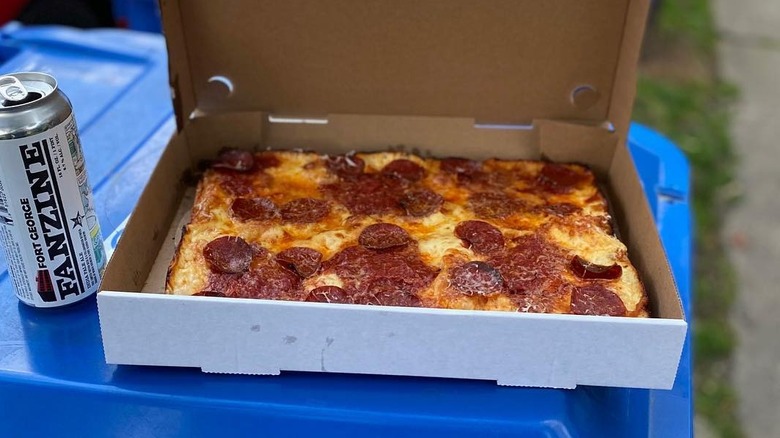 A Detroit-style pizza from My Friend Derek's in a takeaway box