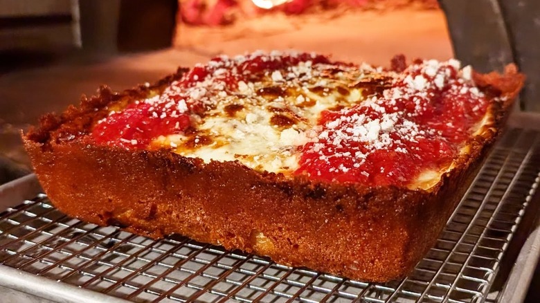 A Detroit-style pizza on a tray at Paulie Gees