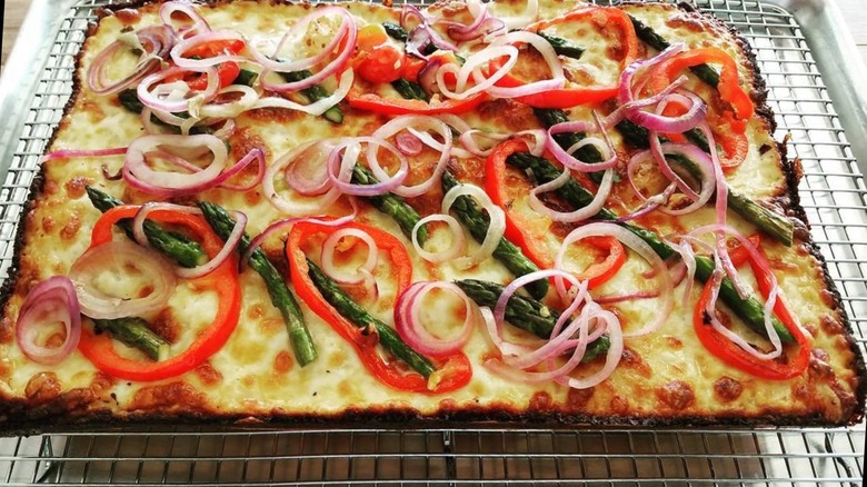 A Detroit-style pizza on a pan at Volo Craft Pizza