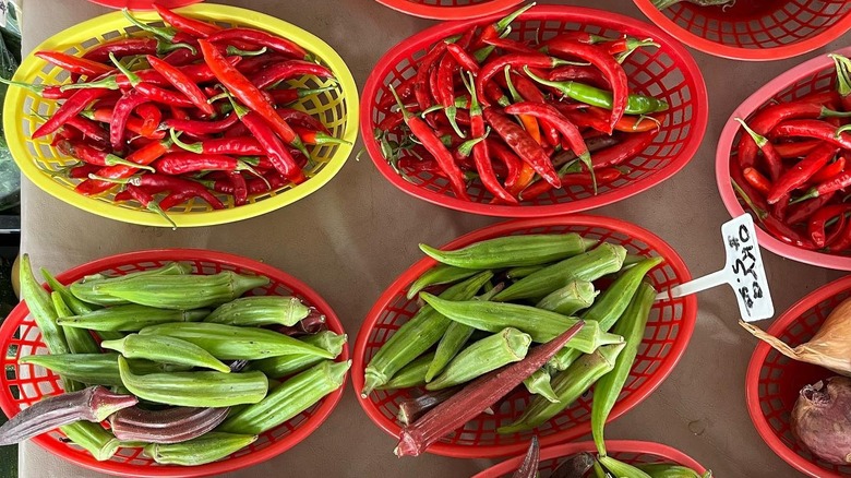 Baskets of chiles and okra at the Tahlequah Farmers' Market