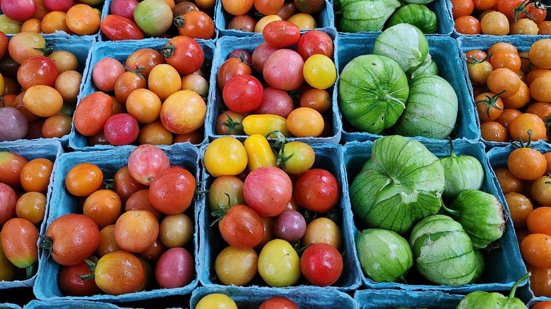 Tomatoes and tomatillos for sale at the Dane County Farmers Market
