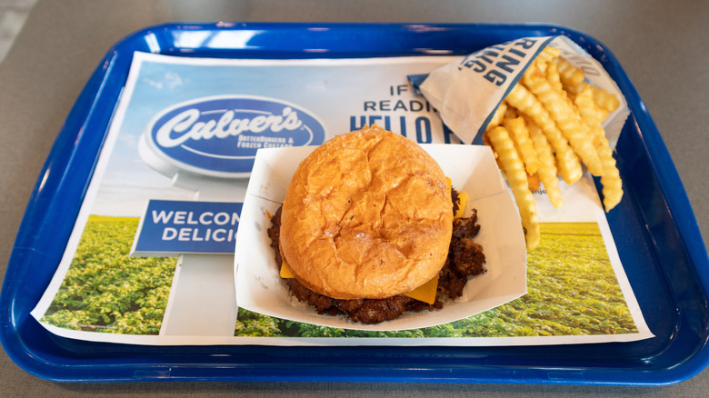 Culver's ButterBurger and fries on a blue tray