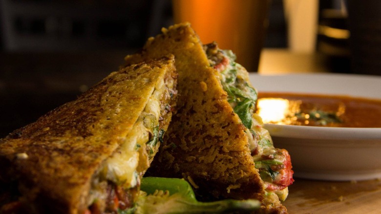 Perfectly Grilled Cheese with a bowl of soup