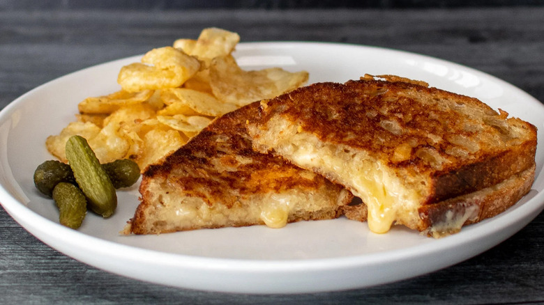 Montana Gold grilled cheese with chips and pickles